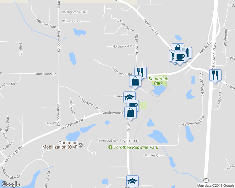 map of restaurants, bars, coffee shops, grocery stores, and more near 415 Laurel Circle in Tyrone