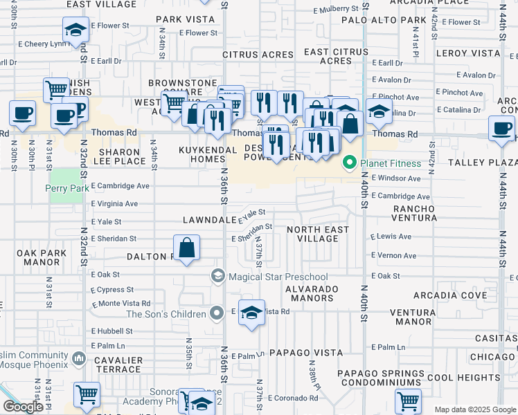 map of restaurants, bars, coffee shops, grocery stores, and more near 3710 East Yale Street in Phoenix