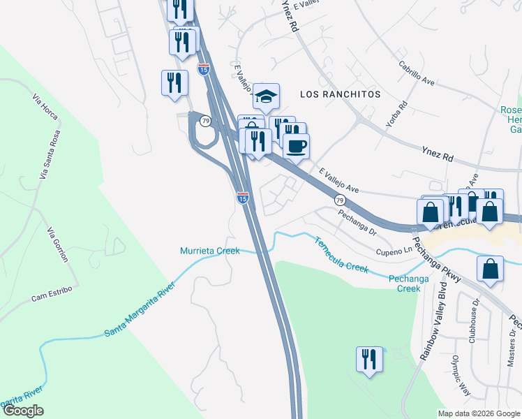 map of restaurants, bars, coffee shops, grocery stores, and more near 44625 La Paz Road in Temecula