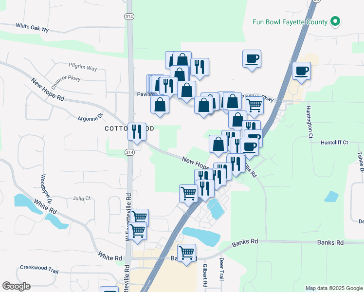 map of restaurants, bars, coffee shops, grocery stores, and more near 157 New Hope Road in Fayetteville