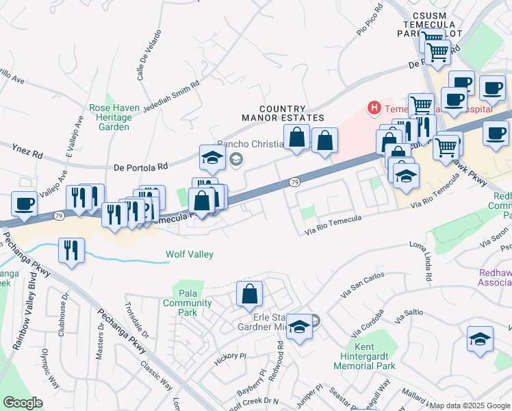 map of restaurants, bars, coffee shops, grocery stores, and more near 31363 David Lane in Temecula