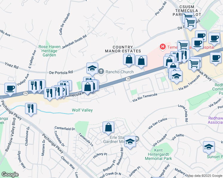 map of restaurants, bars, coffee shops, grocery stores, and more near 31363 David Lane in Temecula