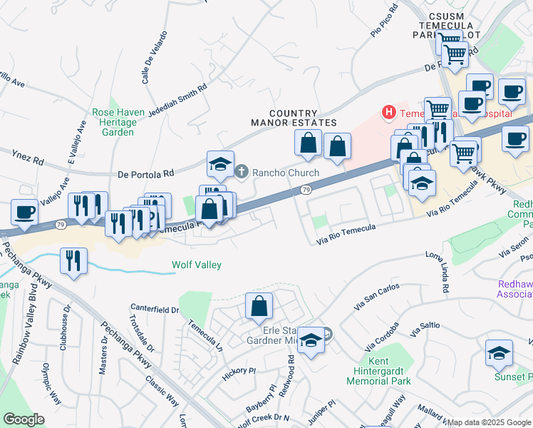 map of restaurants, bars, coffee shops, grocery stores, and more near 31347 David Lane in Temecula