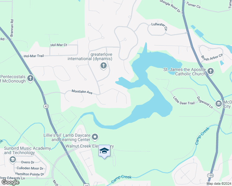 map of restaurants, bars, coffee shops, grocery stores, and more near 6400 Crest Manor Court in McDonough