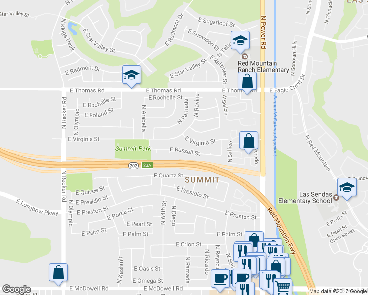 map of restaurants, bars, coffee shops, grocery stores, and more near 6439 East Virginia Street in Mesa