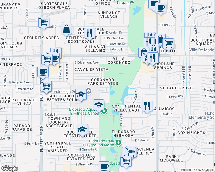 map of restaurants, bars, coffee shops, grocery stores, and more near 2647 North Miller Road in Scottsdale