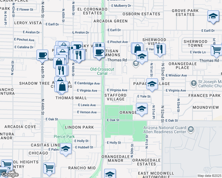 map of restaurants, bars, coffee shops, grocery stores, and more near 4840 East Virginia Avenue in Phoenix