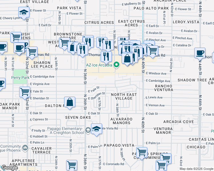 map of restaurants, bars, coffee shops, grocery stores, and more near 3740 East Yale Street in Phoenix