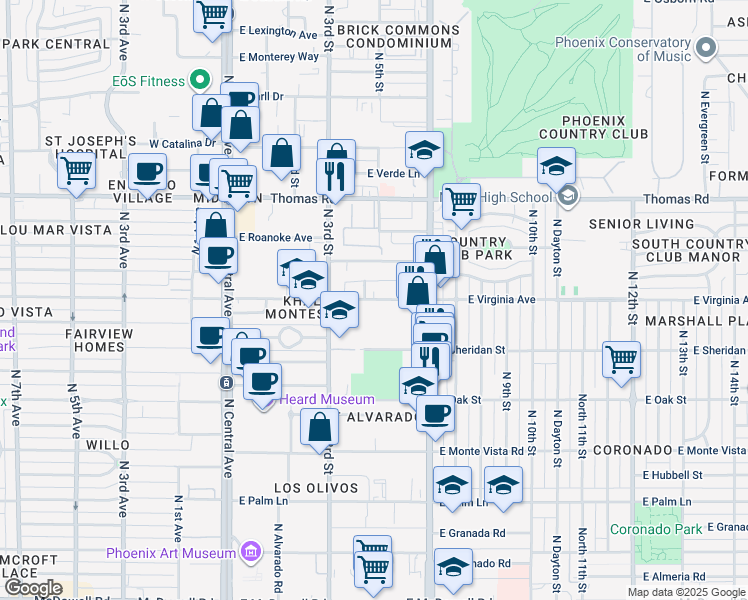 map of restaurants, bars, coffee shops, grocery stores, and more near 320 East Virginia Avenue in Phoenix