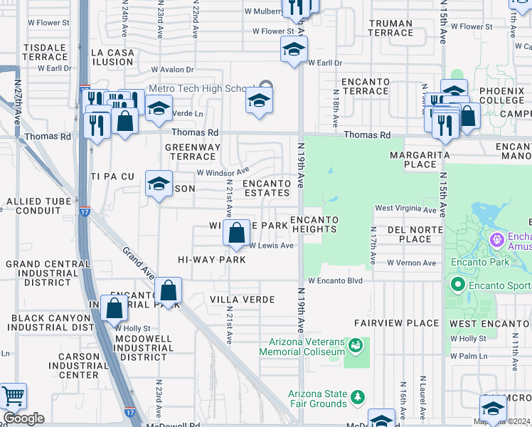 map of restaurants, bars, coffee shops, grocery stores, and more near 2602 North 20th Avenue in Phoenix