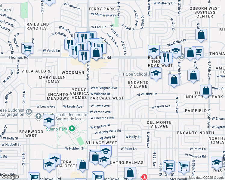 map of restaurants, bars, coffee shops, grocery stores, and more near 4102 Virginia Avenue in Phoenix
