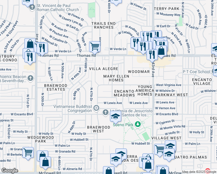 map of restaurants, bars, coffee shops, grocery stores, and more near 2602 North 46th Avenue in Phoenix