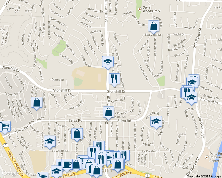 map of restaurants, bars, coffee shops, grocery stores, and more near 33441 Nottingham Way in Dana Point