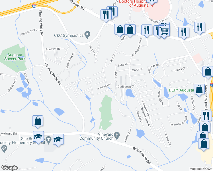 map of restaurants, bars, coffee shops, grocery stores, and more near 1706 Elizabeth Street in Augusta