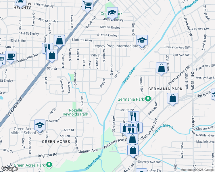 map of restaurants, bars, coffee shops, grocery stores, and more near 5813 Avenue Q in Birmingham
