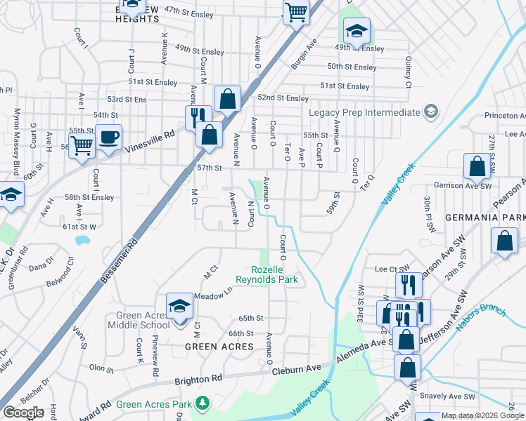 map of restaurants, bars, coffee shops, grocery stores, and more near 1437 58th Street Ensley in Birmingham