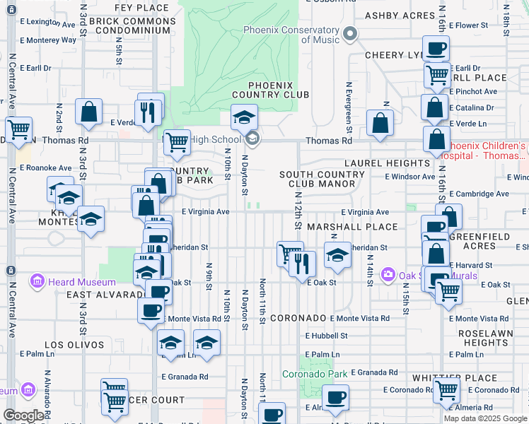map of restaurants, bars, coffee shops, grocery stores, and more near North 11th Street in Phoenix