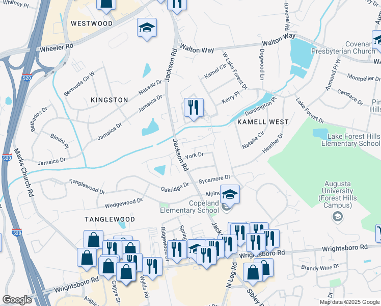map of restaurants, bars, coffee shops, grocery stores, and more near 750 Courtview Drive in Augusta