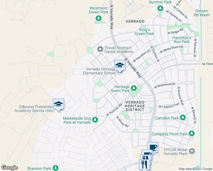 map of restaurants, bars, coffee shops, grocery stores, and more near 2679 North Riley Road in Buckeye