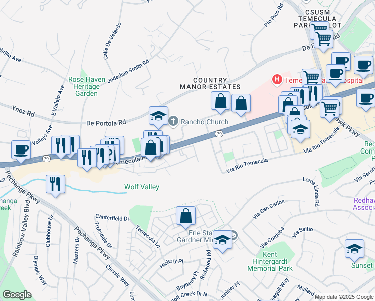 map of restaurants, bars, coffee shops, grocery stores, and more near 31353 David Lane in Temecula