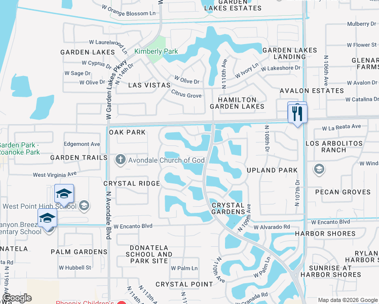 map of restaurants, bars, coffee shops, grocery stores, and more near 11201 West Roanoke Avenue in Avondale