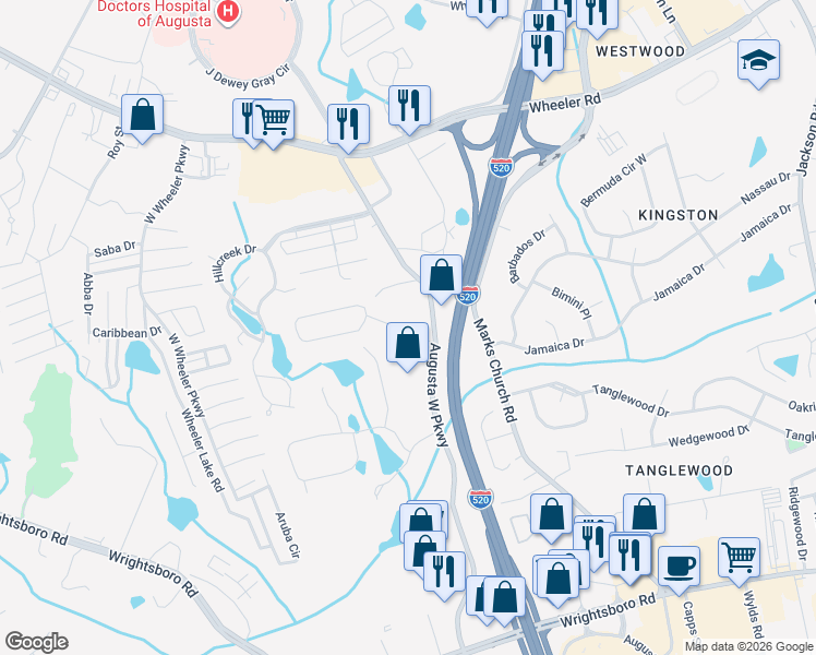 map of restaurants, bars, coffee shops, grocery stores, and more near 1245 Augusta West Parkway in Augusta