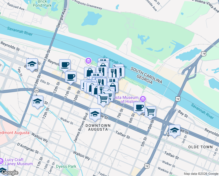 map of restaurants, bars, coffee shops, grocery stores, and more near 836 Reynolds Street in Augusta