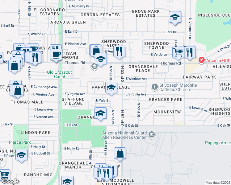 map of restaurants, bars, coffee shops, grocery stores, and more near 5116 East Virginia Avenue in Phoenix