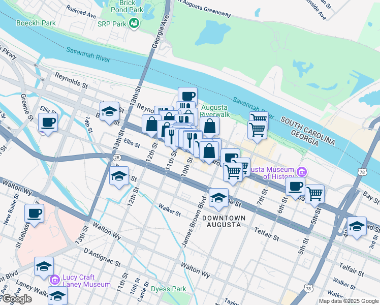 map of restaurants, bars, coffee shops, grocery stores, and more near 1026 Broad Street in Augusta