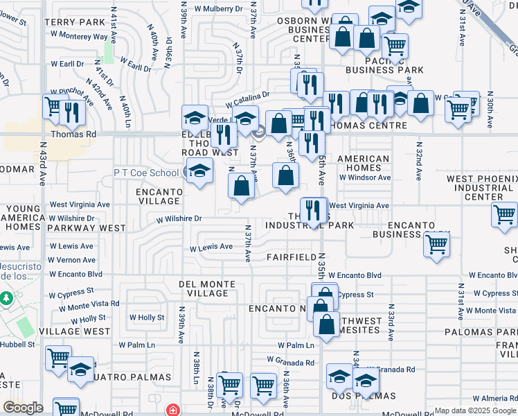 map of restaurants, bars, coffee shops, grocery stores, and more near 3701 West Cambridge Avenue in Phoenix