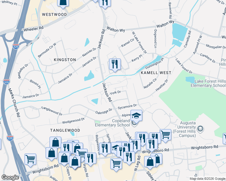 map of restaurants, bars, coffee shops, grocery stores, and more near 750 Courtview Drive in Augusta
