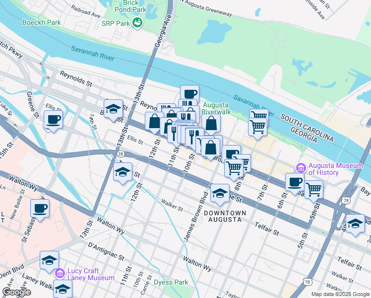 map of restaurants, bars, coffee shops, grocery stores, and more near 1030 Broad Street in Augusta