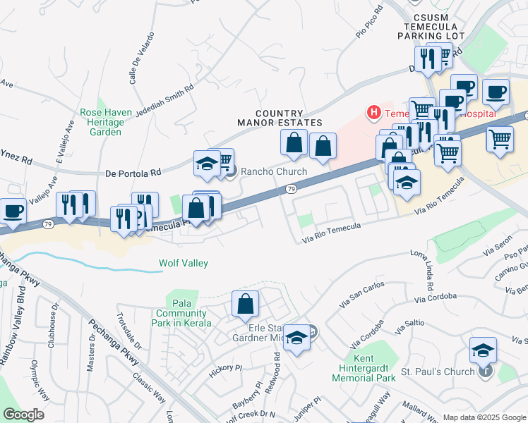 map of restaurants, bars, coffee shops, grocery stores, and more near 44718 Adam Lane in Temecula