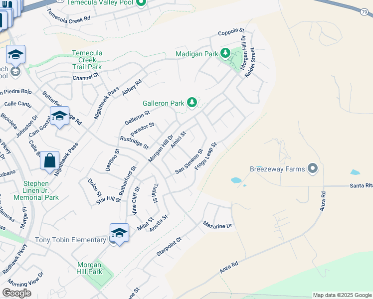 map of restaurants, bars, coffee shops, grocery stores, and more near 44812 Corison Street in Temecula