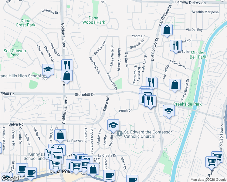 map of restaurants, bars, coffee shops, grocery stores, and more near 33521 Sea Bright Drive in Dana Point