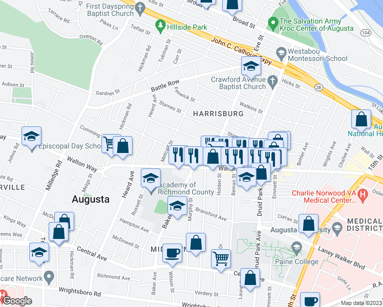 map of restaurants, bars, coffee shops, grocery stores, and more near 1923 Heckle Street in Augusta