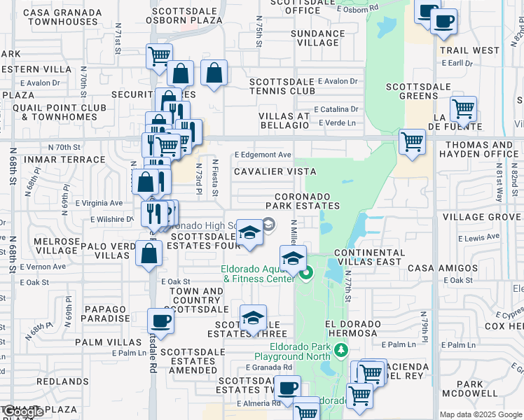 map of restaurants, bars, coffee shops, grocery stores, and more near 7501 East Virginia Avenue in Scottsdale