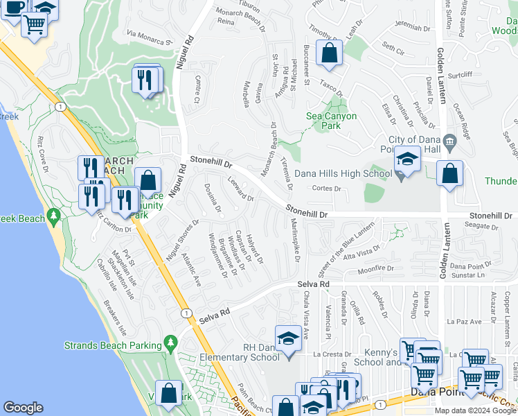 map of restaurants, bars, coffee shops, grocery stores, and more near 33482 Spinnaker Drive South in Dana Point
