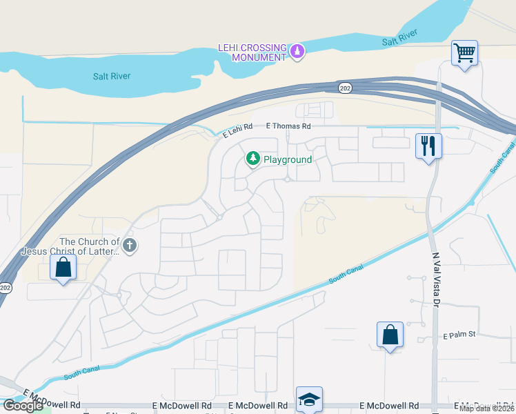 map of restaurants, bars, coffee shops, grocery stores, and more near 3347 North Arco in Mesa