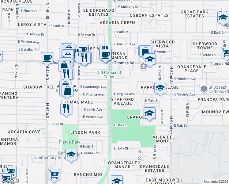 map of restaurants, bars, coffee shops, grocery stores, and more near 2611 North 48th Street in Phoenix