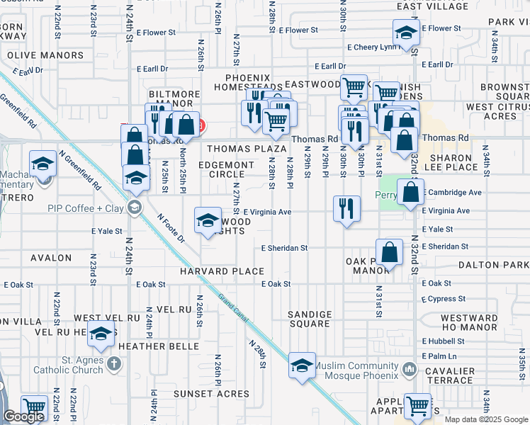 map of restaurants, bars, coffee shops, grocery stores, and more near 2802 East Virginia Avenue in Phoenix
