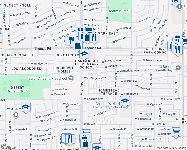 map of restaurants, bars, coffee shops, grocery stores, and more near 5818 West Cambridge Avenue in Phoenix