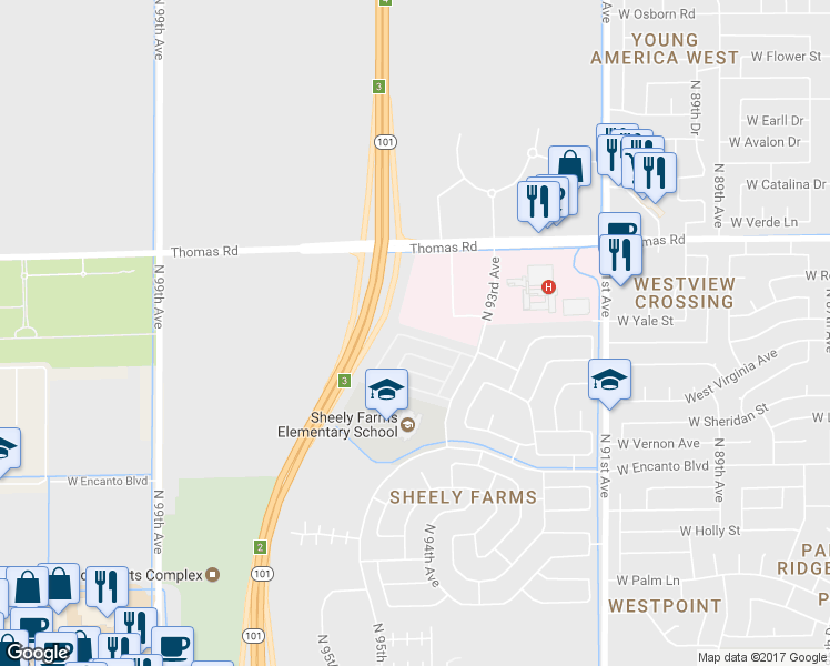 map of restaurants, bars, coffee shops, grocery stores, and more near 9466 Virginia Avenue in Phoenix