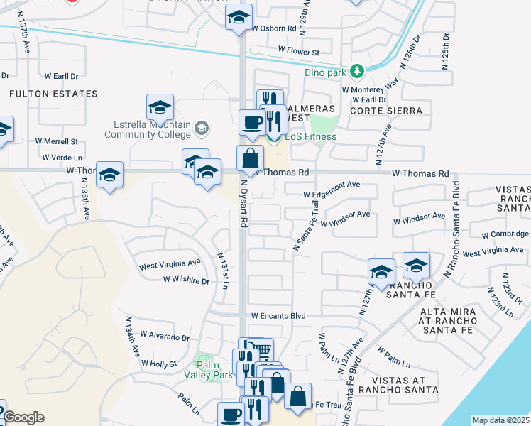 map of restaurants, bars, coffee shops, grocery stores, and more near 2635 North Dysart Road in Avondale