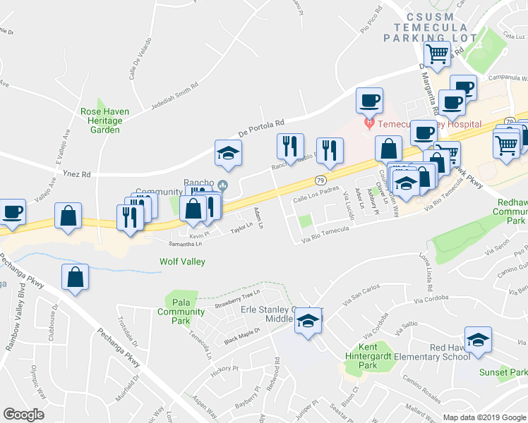 map of restaurants, bars, coffee shops, grocery stores, and more near 44706 Adam Lane in Temecula