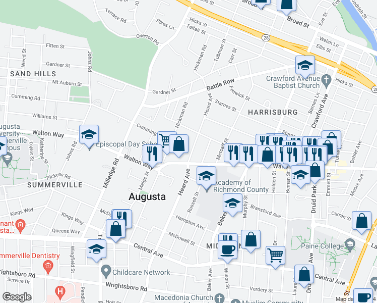 map of restaurants, bars, coffee shops, grocery stores, and more near 836 Heard Avenue in Augusta