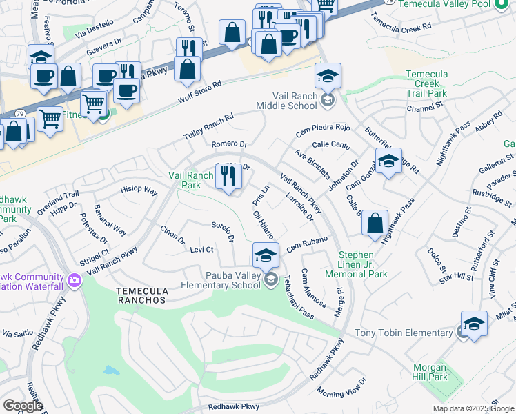 map of restaurants, bars, coffee shops, grocery stores, and more near 44686 Calle Hilario in Temecula