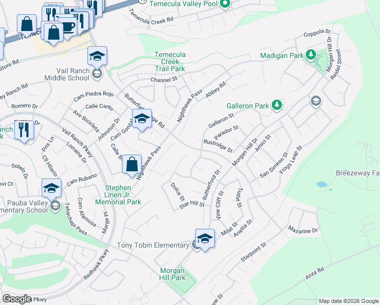 map of restaurants, bars, coffee shops, grocery stores, and more near 44684 Mumm Street in Temecula