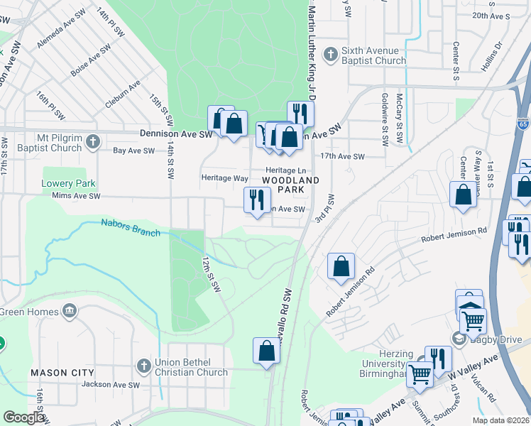 map of restaurants, bars, coffee shops, grocery stores, and more near 909 Mason Avenue Southwest in Birmingham