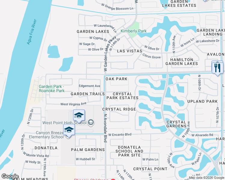 map of restaurants, bars, coffee shops, grocery stores, and more near 11454 West Roanoke Drive in Avondale